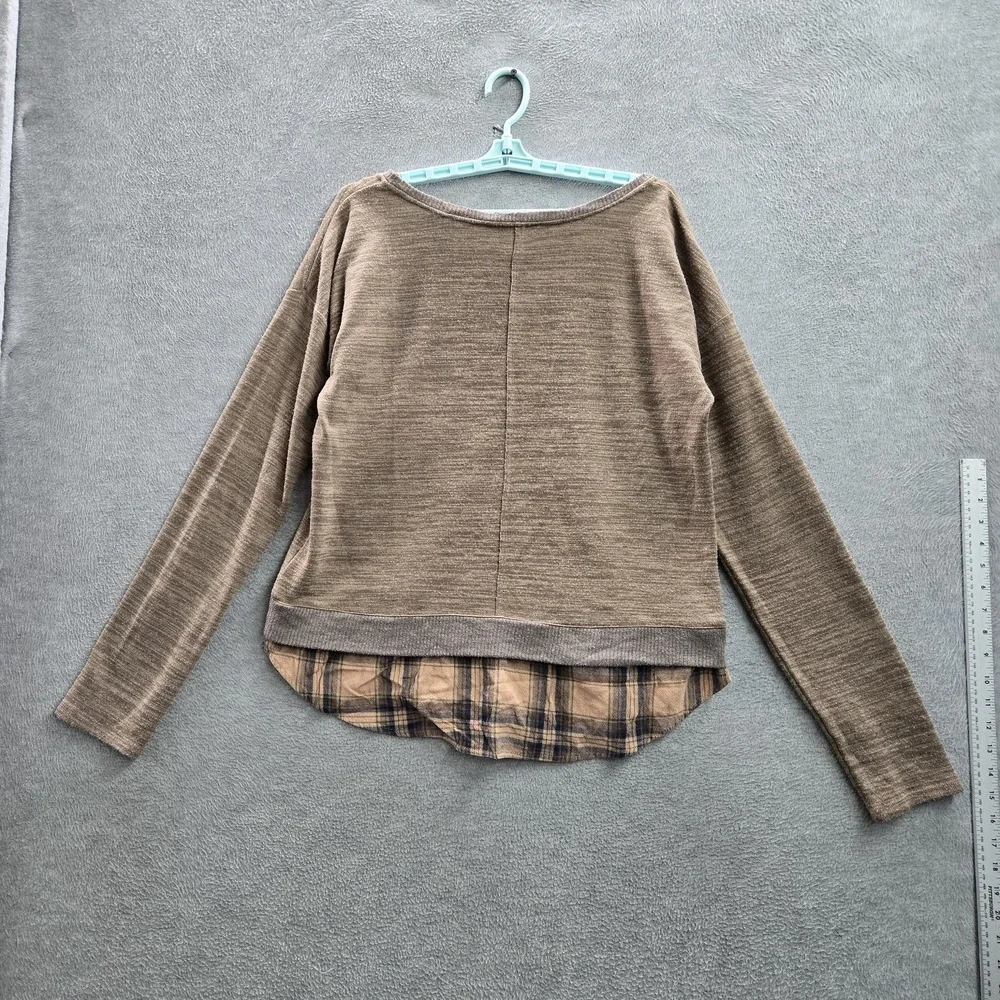 Miss Me‎ Women Sweatshirt XL Brown Plaid Floral Medallion Layered Look Grunge